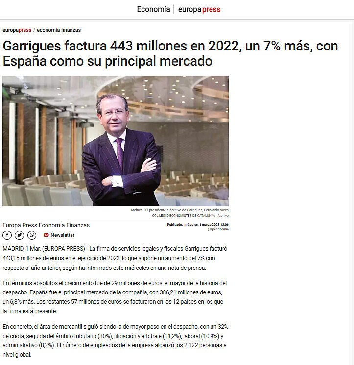 Garrigues factura 443 millones en 2022, un 7% ms, con Espaa como su principal mercado